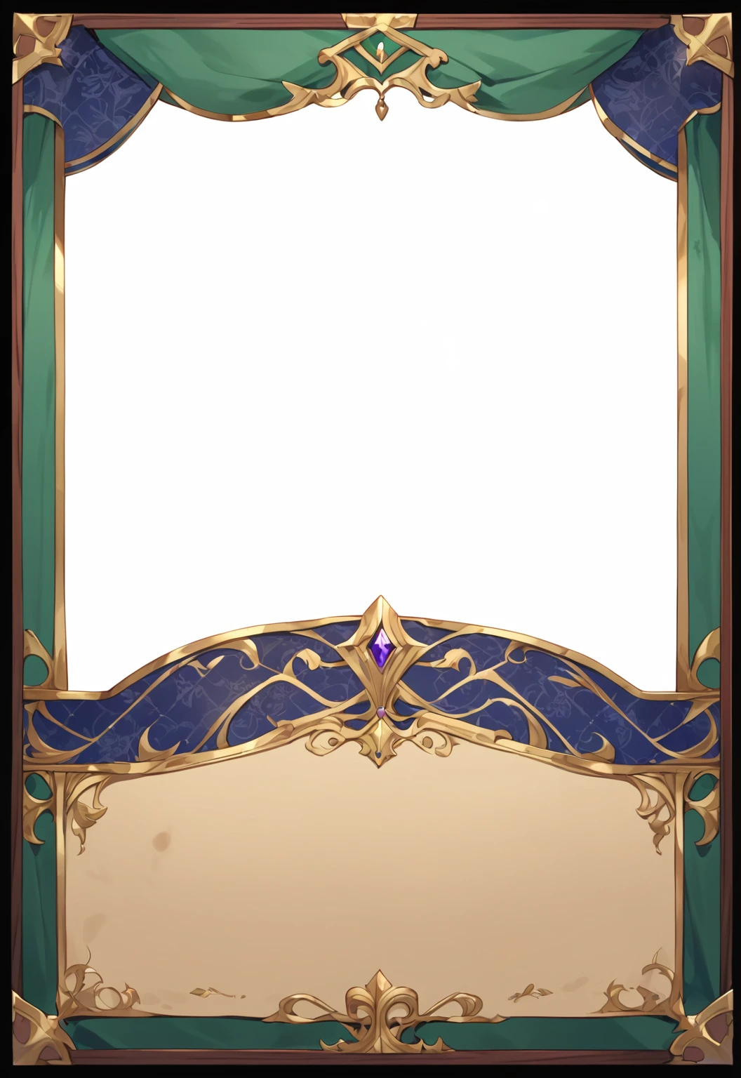A card border UI，Medieval European aristocracy design，Noble and elegant dark style，Redwood frame，Parchment backing，There are blood stains on it。Deep Red、Emerald Green、Gold main tone。