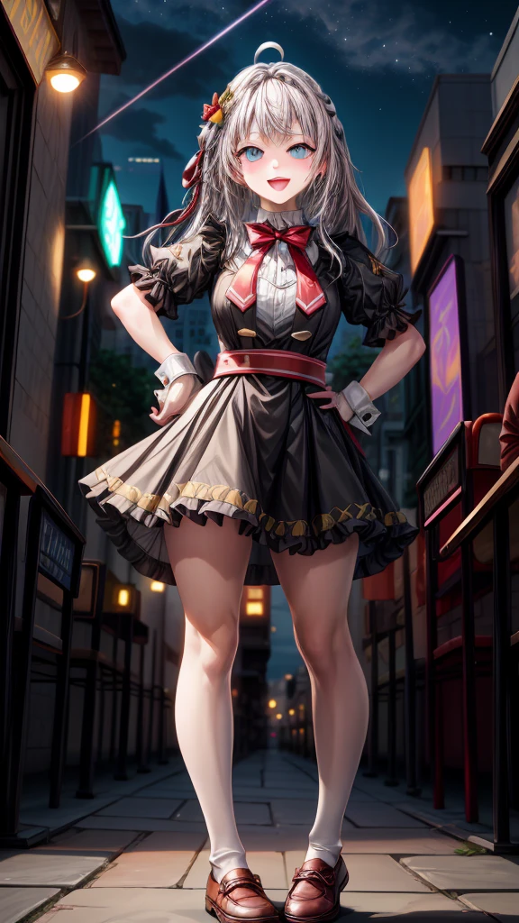 Alisa Kujou, 

(night:1.7), 1 girl standing at attention, 22 years,young female,beautiful Finger, beautiful long legs ,beautiful body ,beautiful Nose ,beautiful character design, Perfect eyes, perfect face,

There is an anime girl., 1 girl, thighs, Alone, (very short skirt:1.4), Blue eyes, old, black dress ,elegant , long socks (((short dress)))  bow, hand on hip, blush, black thighs, bowtie, inside, brown shoes, The Great Passage, moccasins, Shoes, looking at the viewer, take half distance, close up shot of open mouth, thighs,

looking at the viewer, smile, greeting the viewer, In the center of the image, Fondo de pantalla CG unity 8K extremadamente detallado, Perfect lighting,showy, bright_forehead_face_Lightinasterpiece:1.0),(better_quality:1.0), ultra high resolution,4k,ultra detailed,
Photography, 8K, HDR, high resolution, absurdities:1.2, codas portrait, film grain, blurred background, bokeh:1.2, Lens flare, (Vibrant_Color:1.2)
, (beautiful_face:1.5),(narrow_waist), (beautiful,huge_old:0.6)