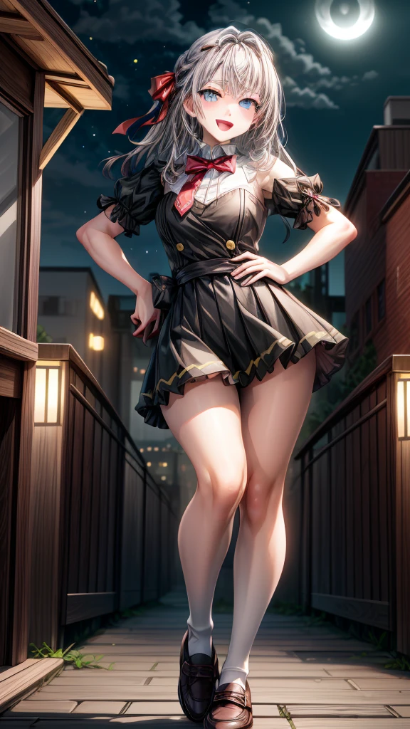 Alisa Kujou,
(night:1.7), 1 girl standing at attention, 22 years,young female,beautiful Finger, beautiful long legs ,beautiful body ,beautiful Nose ,beautiful character design, Perfect eyes, perfect face,
There is an anime girl., 1 girl, thighs, Alone, (very short skirt:1.4), Blue eyes, old, black dress ,elegant , long socks (((short dress))) bow, hand on hip, blush, black thighs, bowtie, inside, brown shoes, The Great Passage, moccasins, Shoes, looking at the viewer, take half distance, close up shot of open mouth, thighs,
looking at the viewer, smile, greeting the viewer, In the center of the image, Fondo de pantalla CG unity 8K extremadamente detallado, Perfect lighting,showy, bright_forehead_face_Lightinasterpiece:1.0),(better_quality:1.0), ultra high resolution,4k,ultra detailed,
Photography, 8K, HDR, high resolution, absurdities:1.2, codas portrait, film grain, blurred background, bokeh:1.2, Lens flare, (Vibrant_Color:1.2)
, (beautiful_face:1.5),(narrow_waist), (beautiful,huge_old:0.6)