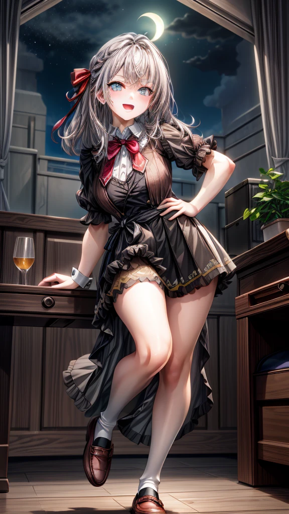 Alisa Kujou, 

(night:1.7), 1 girl standing at attention, 22 years,young female,beautiful Finger, beautiful long legs ,beautiful body ,beautiful Nose ,beautiful character design, Perfect eyes, perfect face,

There is an anime girl., 1 girl, thighs, Alone, (very short skirt:1.4), Blue eyes, old, black dress ,elegant , long socks (((short dress)))  bow, hand on hip, blush, black thighs, bowtie, inside, brown shoes, The Great Passage, moccasins, Shoes, looking at the viewer, take half distance, close up shot of open mouth, thighs,

looking at the viewer, smile, greeting the viewer, In the center of the image, Fondo de pantalla CG unity 8K extremadamente detallado, Perfect lighting,showy, bright_forehead_face_Lightinasterpiece:1.0),(better_quality:1.0), ultra high resolution,4k,ultra detailed,
Photography, 8K, HDR, high resolution, absurdities:1.2, codas portrait, film grain, blurred background, bokeh:1.2, Lens flare, (Vibrant_Color:1.2)
, (beautiful_face:1.5),(narrow_waist), (beautiful,huge_old:0.6)