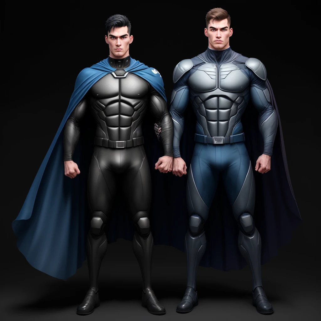 A full-body 3D male realistic model, wearing a full-body hero suit and cape in the pattern of a professional baseball uniform, a very short-haired, crew-cut, cool, dandy-looking, veteran-aged man with a shiny, sparkling blue cape that is longer than his body, gloves and a cap are always worn, an original hero, only the eyebrows, eyelashes and eyes are visible, his mouth is bandaged and sealed, the upper half of his face is bare with a sharp look in his eyes, he has six-pack abs, a muscular macho man with a sturdy body and a cool look, his legs are closed, his hands are clasped behind his back in an X shape, his whole body is bound and sealed with duct tape and he is held down. He has collapsed from exhaustion and is sleeping with his eyes closed. A coat of arms, in a dark room as the background, his whole body facing forward, backward, left and right (north, south, east and west), an image of him being restrained and mummified.