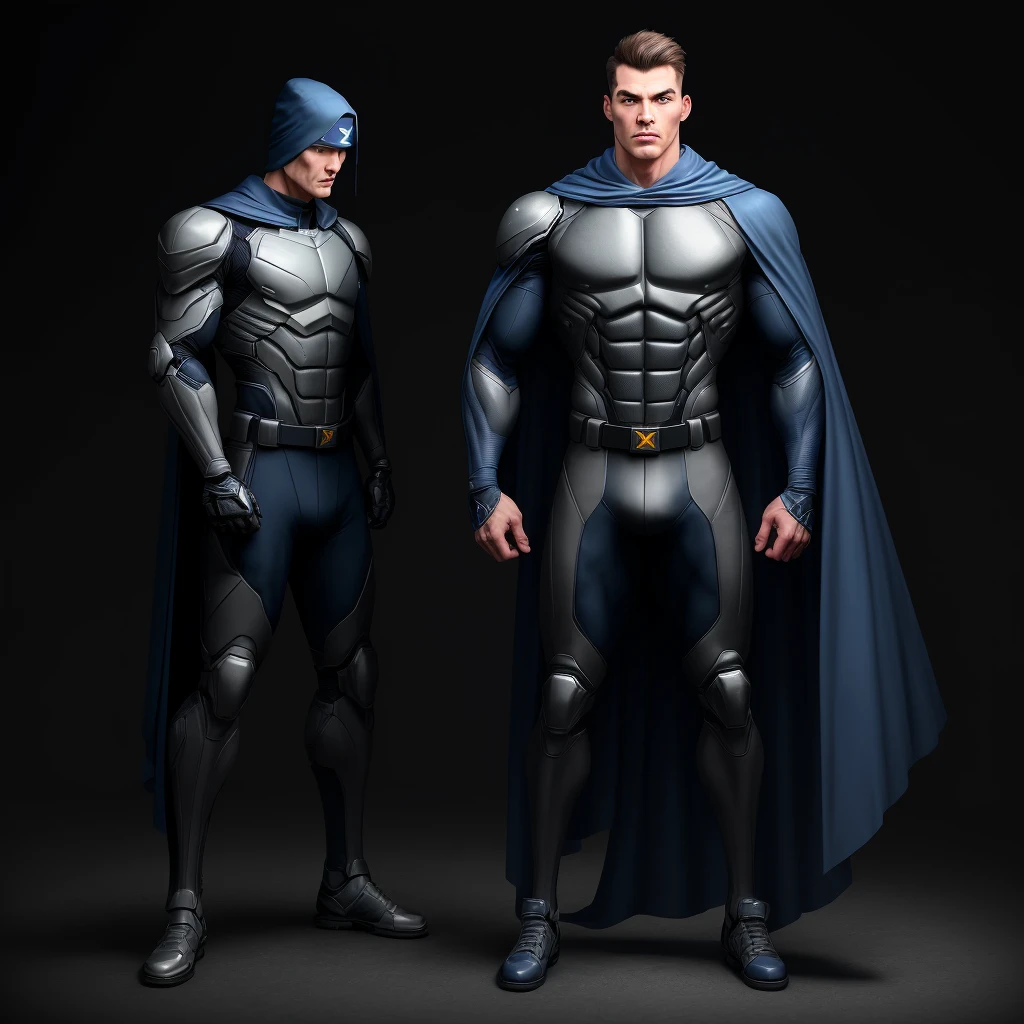 A full-body 3D male realistic model, wearing a full-body hero suit and cape in the pattern of a professional baseball uniform, a very short-haired, crew-cut, cool, dandy-looking, veteran-aged man with a shiny, sparkling blue cape that is longer than his body, gloves and a cap are always worn, an original hero, only the eyebrows, eyelashes and eyes are visible, his mouth is bandaged and sealed, the upper half of his face is bare with a sharp look in his eyes, he has six-pack abs, a muscular macho man with a sturdy body and a cool look, his legs are closed, his hands are clasped behind his back in an X shape, his whole body is bound and sealed with duct tape and he is held down. He has collapsed from exhaustion and is sleeping with his eyes closed. A coat of arms, in a dark room as the background, his whole body facing forward, backward, left and right (north, south, east and west), an image of him being restrained and mummified.