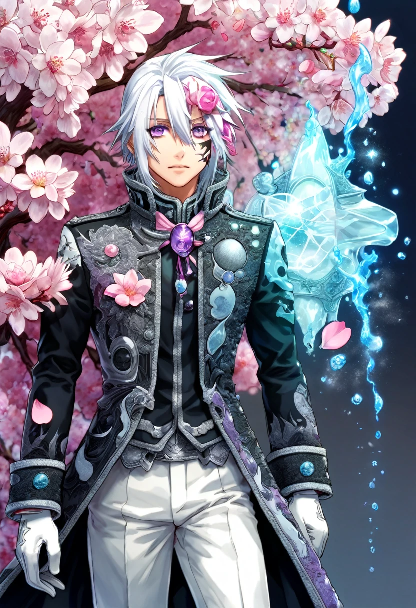 Ultra detailed, highres, absurdres, HDR, master piece, Allen Walker, white hair, hair between the eyes, expressive purple eyes, black long jacket, white gloves, D.Gray-Man, fantasy, pink petals, water, pink flowers, handsome, sexy man, solo, magical, best quality, extremely detailed face, blossoms, white pants, blue shining fireflies