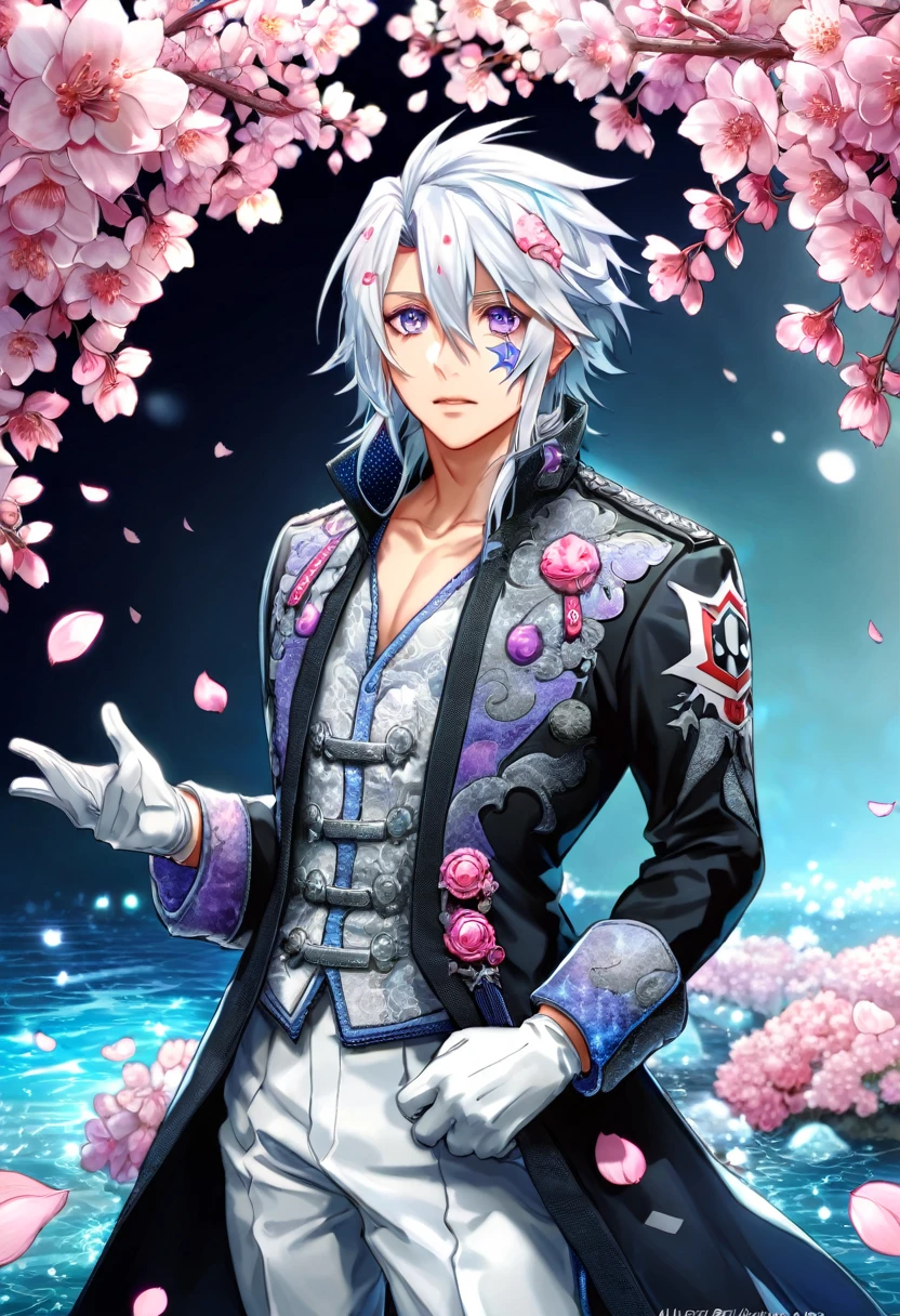 Ultra detailed, highres, absurdres, HDR, master piece, Allen Walker, white hair, hair between the eyes, expressive purple eyes, black long jacket, white gloves, D.Gray-Man, fantasy, pink petals, water, pink flowers, handsome, sexy man, solo, magical, best quality, extremely detailed face, blossoms, white pants, blue shining fireflies