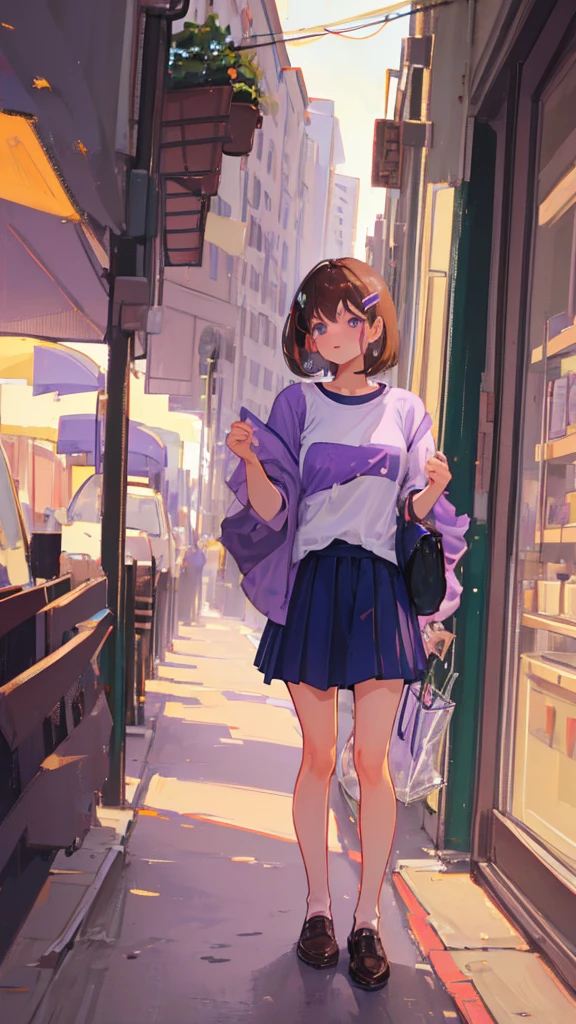 Girl with short brown hair wearing a school shirt, purple shoes and hair clip