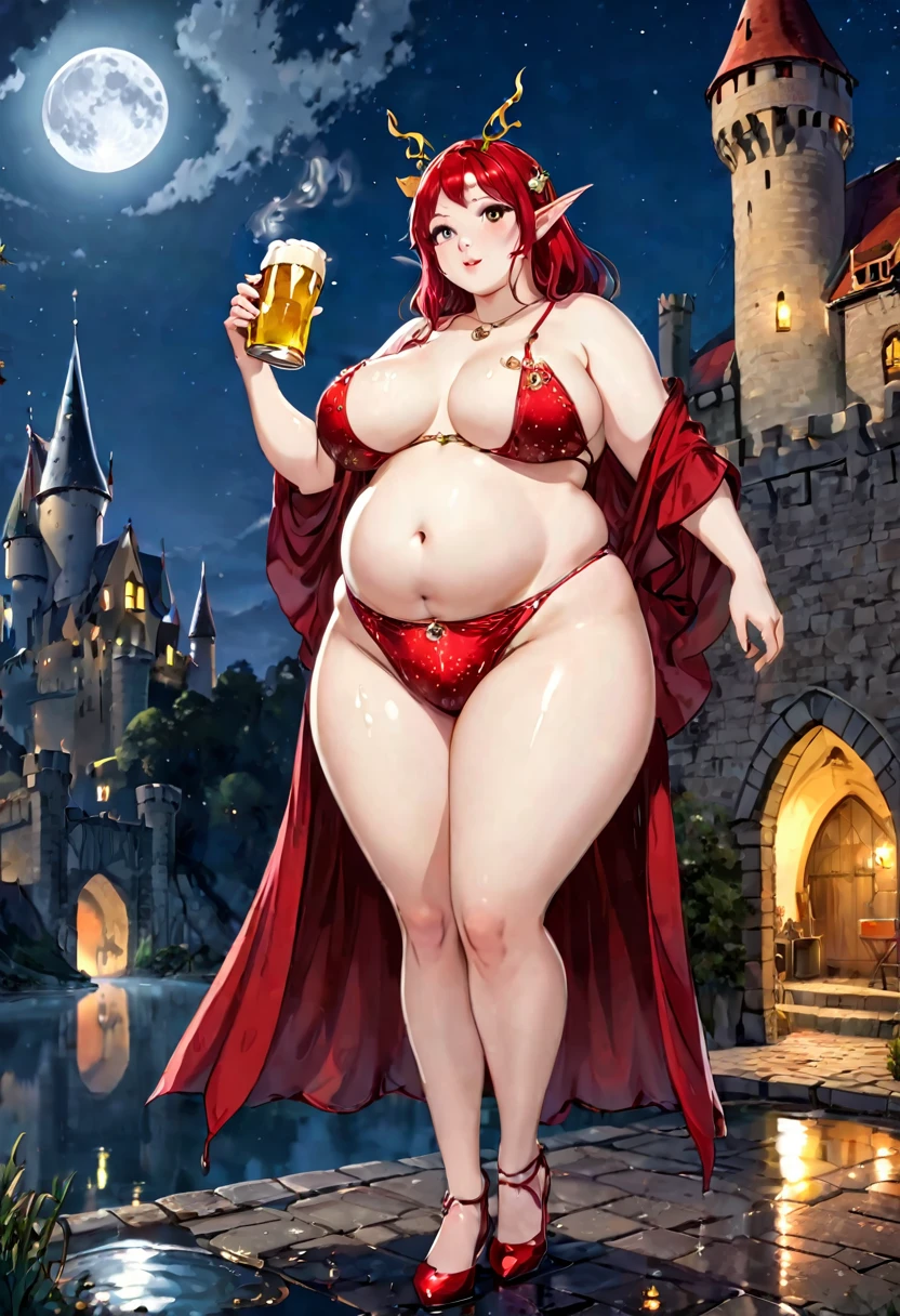 Fat femake fairy, smoking and holding a bottke of beer, wearing a wet transparent panties, topless, showing small and saggy breasts, fullbody view, wearing a red higheels, outside medieval castle, at night , Full moon in the sky