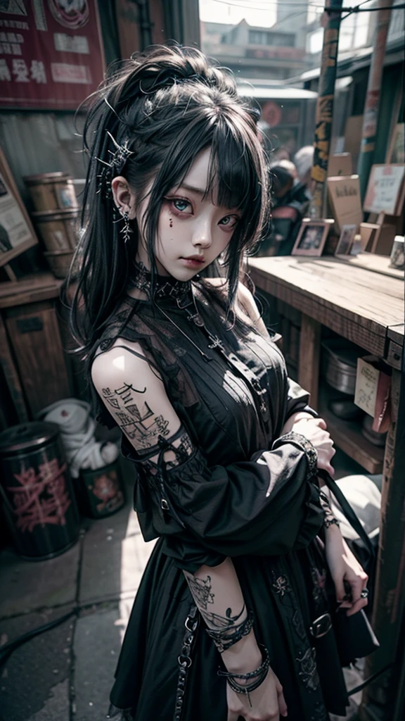 Highest quality、8K、masterpiece:1.3、Gothic Punk、The inside color is red、Black-haired、hair ornaments、Beautiful girl、creative、Dark Fantasy Style、Neogoth、Goth Fashion:1.2、High resolution、masterpiece、Highest quality、頭w:1.3、((Hasselblad Photos))、Fine skin、Sharp focus、(Cinematic lighting)、Realistic textured hair、In a completely different expression