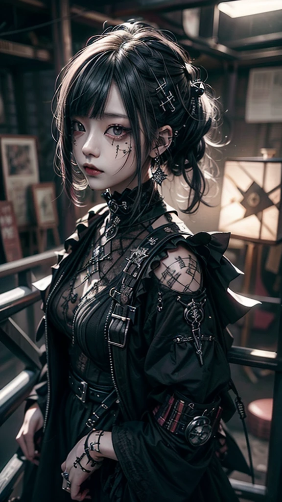 Highest quality、8k、masterpiece:1.3、Gothic Punk、The inside color is red、Gray Black Hair、hair ornaments、Beautiful girl、creative、Punk Style、Neogoth、Goth Fashion:0.8、High resolution、masterpiece、Highest quality、頭w:1.3、((Hasselblad Photos))、Fine skin、Sharp focus、(Cinematic lighting)、shirt, Shoulder out, With modest breasts