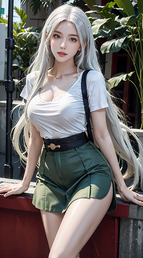 photorealistic, high resolution, soft lights, 1women, solo, hips up, Green eyes, white hair, long hair, green eyes, red lips, jewelry, street wear, t-shirt, skirt, Sexy, Very Sexy, Very Very Sexy,Very very sexy, Japanese  outfit, sexy very short skirt, sexy low-cut shirt, 
