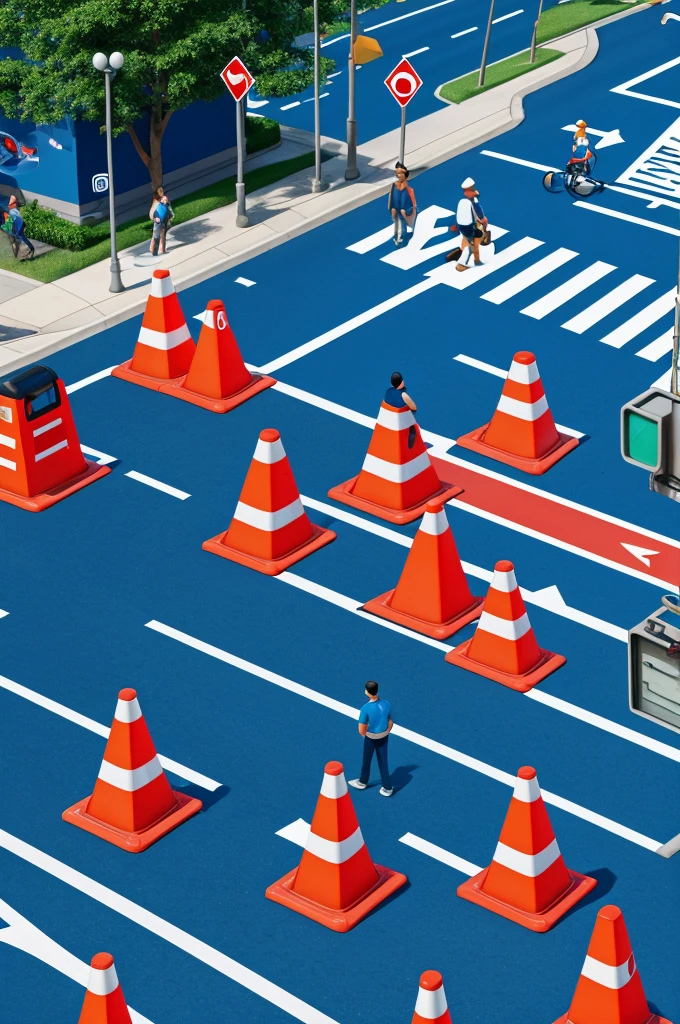 Group of disney cartoon style people with blue shirts gathered with different mobility sectors as traffic signs, cones