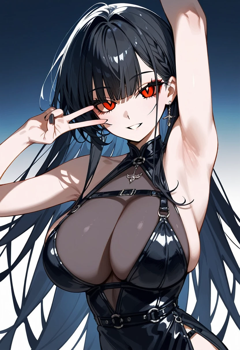 masterpiece, zoom out, score_9, score_8_up, score_7_up, portrait, 1 girl, alone, black hair, long hair, long split bangs, red eyes, black sclera, small smile), evil, parted lips, expressionless, big breasts, top , Basic dress with straps and V-neckline, black bottom, best quality, long split bangs.