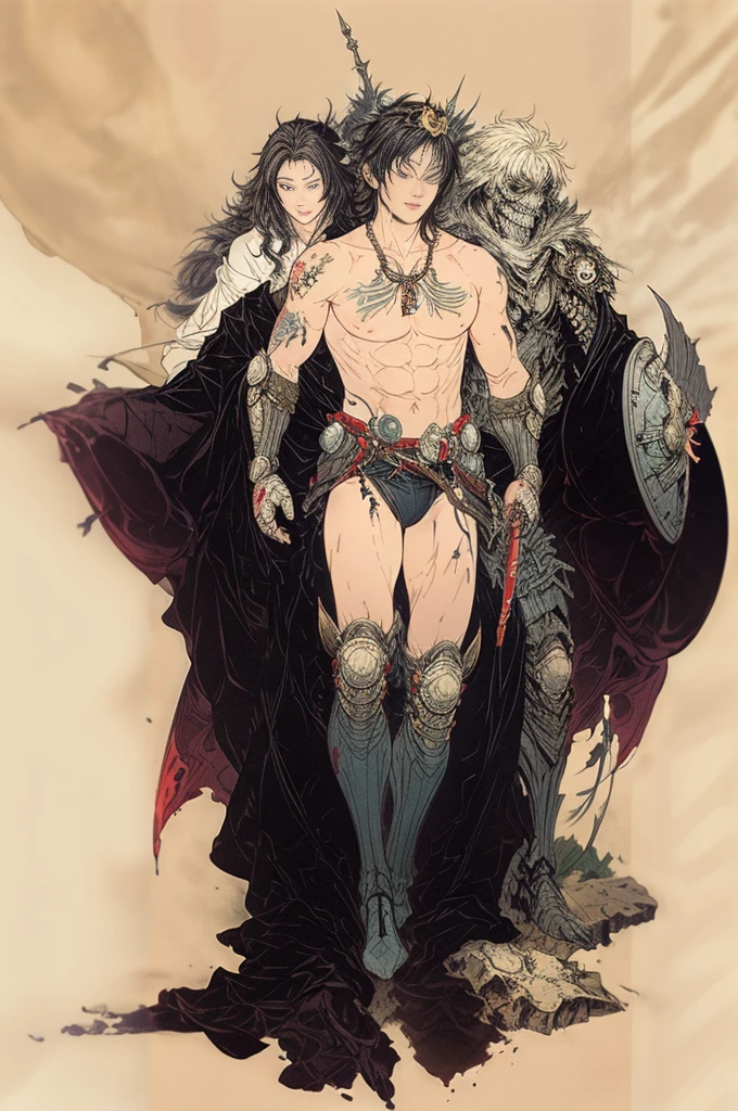 best quality,masterpiece,Ultra-high resolution,1 person,looking at the audience,one,Yamamoto Takashi style,night,simple background,White_background,Machinery Division,Exoskeleton,topless,Sexy,Handsome,Cold-blooded handsome man,full of masculinity,tough guy style,tattoo,Perfect proportion, anatomically correct, (from head to foot: 2.0), (Full body image: 2.0), alone, extremely stylized, abnormal art, masterpiece, Very detailed, delicate eyes, expressive delicate eyes, Detailed student, Futuristic, ((Wearing a crown)), ((holding scimitar and shield)), (Cybernetic weapons:1.4), big boot, Full body image, full-body shot, tassel, Large beads, (Big tassel), cyberpunk, ink punk, paint tray, Ink splatter, chain mail