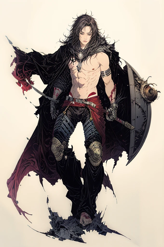 best quality,masterpiece,Ultra-high resolution,1 person,looking at the audience,one,Yamamoto Takashi style,night,simple background,White_background,Machinery Division,Exoskeleton,topless,Sexy,Handsome,Cold-blooded handsome man,full of masculinity,tough guy style,tattoo,Perfect proportion, anatomically correct, (from head to foot: 2.0), (Full body image: 2.0), alone, extremely stylized, abnormal art, masterpiece, Very detailed, delicate eyes, expressive delicate eyes, Detailed student, Futuristic, ((Wearing a crown)), ((holding scimitar and shield)), (Cybernetic weapons:1.4), big boot, Full body image, full-body shot, tassel, Large beads, (Big tassel), cyberpunk, ink punk, paint tray, Ink splatter, chain mail