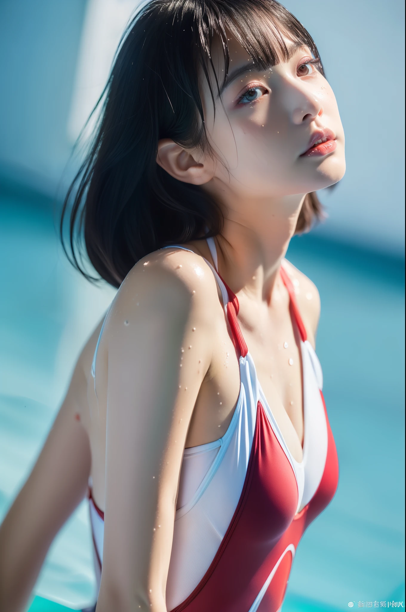 (masterpiece, Highest quality, Super detailed, 8K, wallpaper, Realistic), ((Perfect hands)), ((Perfect Anatomy)), Medium cleavage, Long, round legs, Round ass, ((Attractive anime girl)), ((Rei Ayanami)), ((Capturing her ethereal beauty with pale wet skin, Wet short indigo hair)), ((Bright crimson eyes with a mysterious depth)), ((Pale blue or white one-piece swimsuit, Swimwear should be simple and elegant, With a high neckline and a discreet yet flattering cut, NERV logo and、Evangelion-themed designs, etc.、Subtle details can be incorporated as accents, To pay tribute to her character)), ((Close-up shot, Side view)), ((Dynamic Background)), ((Sensual pose))