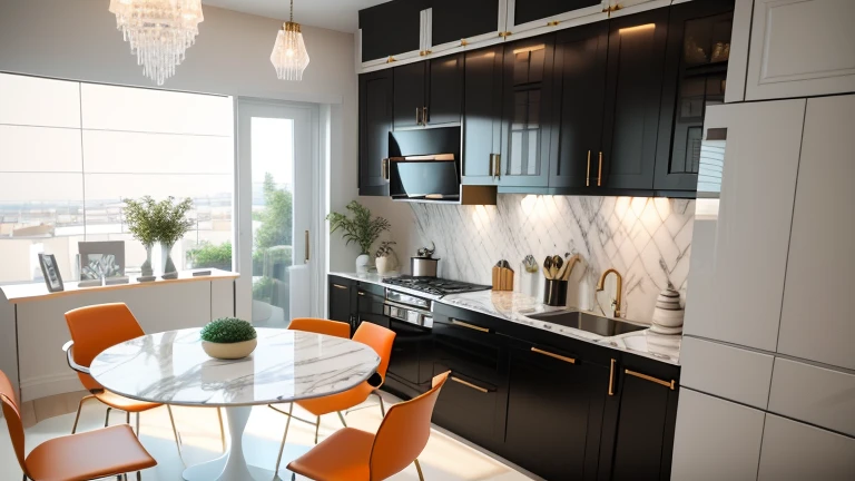 there is a drawing of a kitchen with a dining table and a sink, apartment design, 2 d render, 3d rendering, 3 d rendering, flat 2 d, comprehensive 2 d render, detailed rendering, very realistic 3 d render, 3d render, 3 d render, high detail 3 d render, 3 d finalrender, 3d finalrender, 3 d renders, livingroom view 22 floor plan, The upper cabinets are painted white, Kitchen cabinets under walnut, marble dining table, orange leather dining chair, Leather sofa, marble tea table, White painted plaster ceiling, decor kitchen, spotlight lightning
