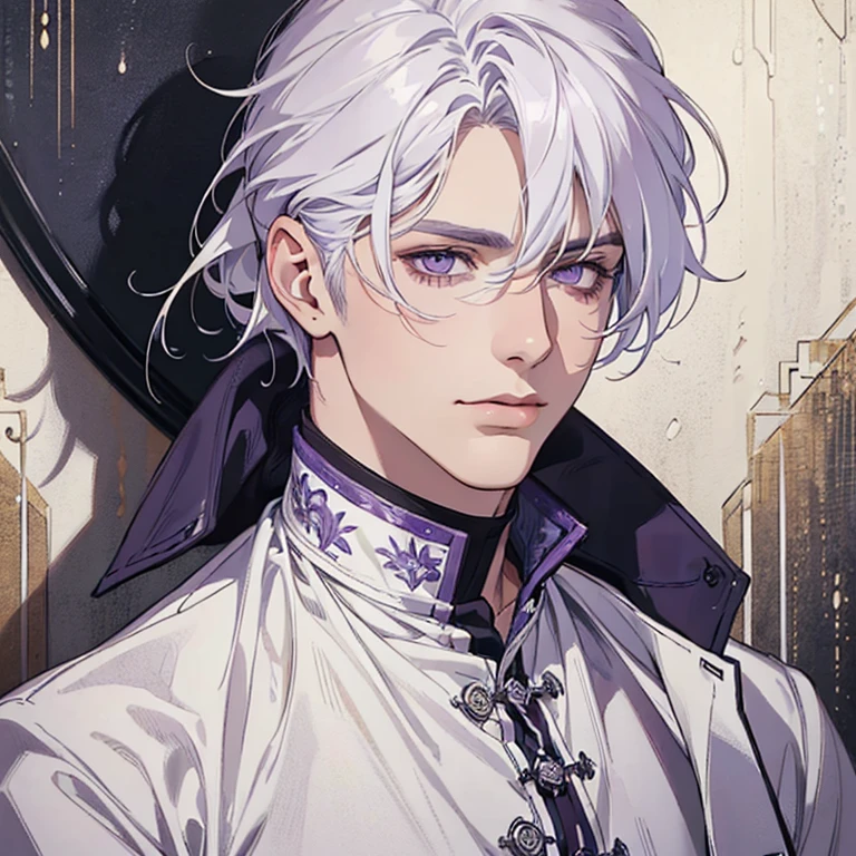 "(best quality,ultra-detailed,realistic:1.37),Medium,portrait,purple eyes,white hair,Man with medium hair,Fine painting style,Detailed facial features,attractive male appearance"