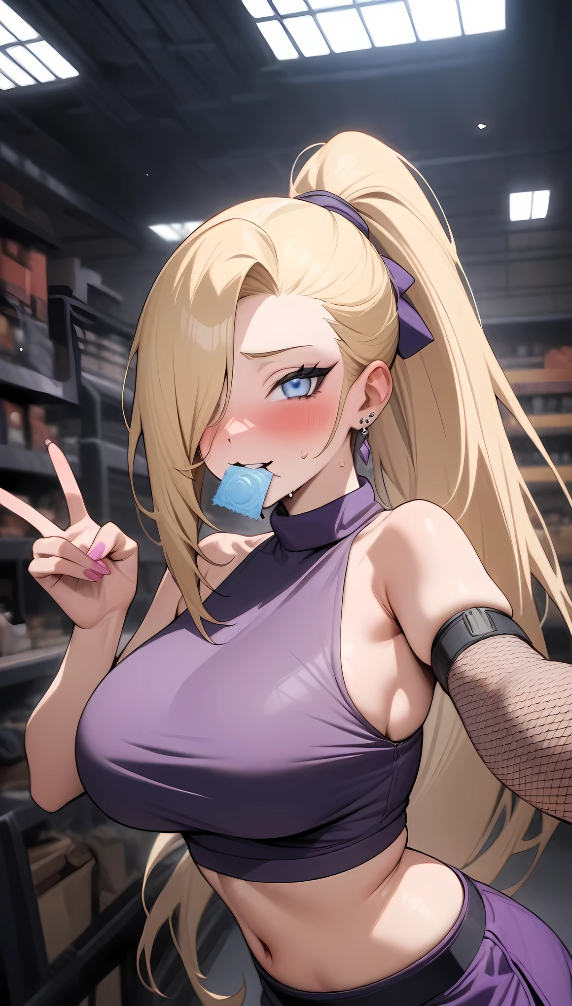 masterpiece, best quality, very aesthetic, absurdres, newest,1girl,upper body,Condom in mouth, V gesture,blush,,yamanaka_ino, naruto_(series), naruto_shippuuden,blonde_hair,long_hair, high_ponytail, hair_over_one_eye, blue_eyes, bare_shoulders, purple crop_top, earrings, Fishnet elbow pads, jewelry, large_breasts, midriff, purple skirt, Fishnet stockings,,in recreational machine hall