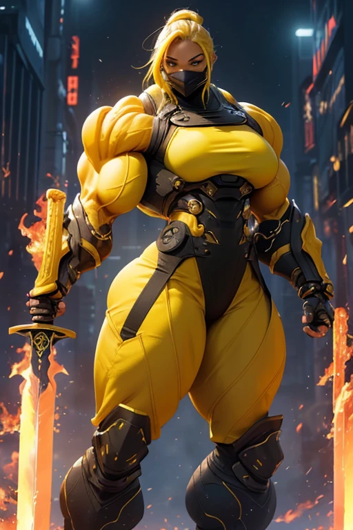 ((((Massive, beautiful, buff, muscular light brown skinned female ninja with yellow hair, black lipstick, ginormous bulky muscles, holding a yellow fire sword and wearing a yellow cybernetic ninja armor with pants)))), {close view}, black eyeliner, massive muscles, large breast, massive biceps, hyper muscle triceps, (long flowing hair), gray eyes, mask, ninja boots, In a futuristic city, steel ninja armor, nighttime, closed smile, hyper muscles arms, hyper muscle legs, ginormous arms