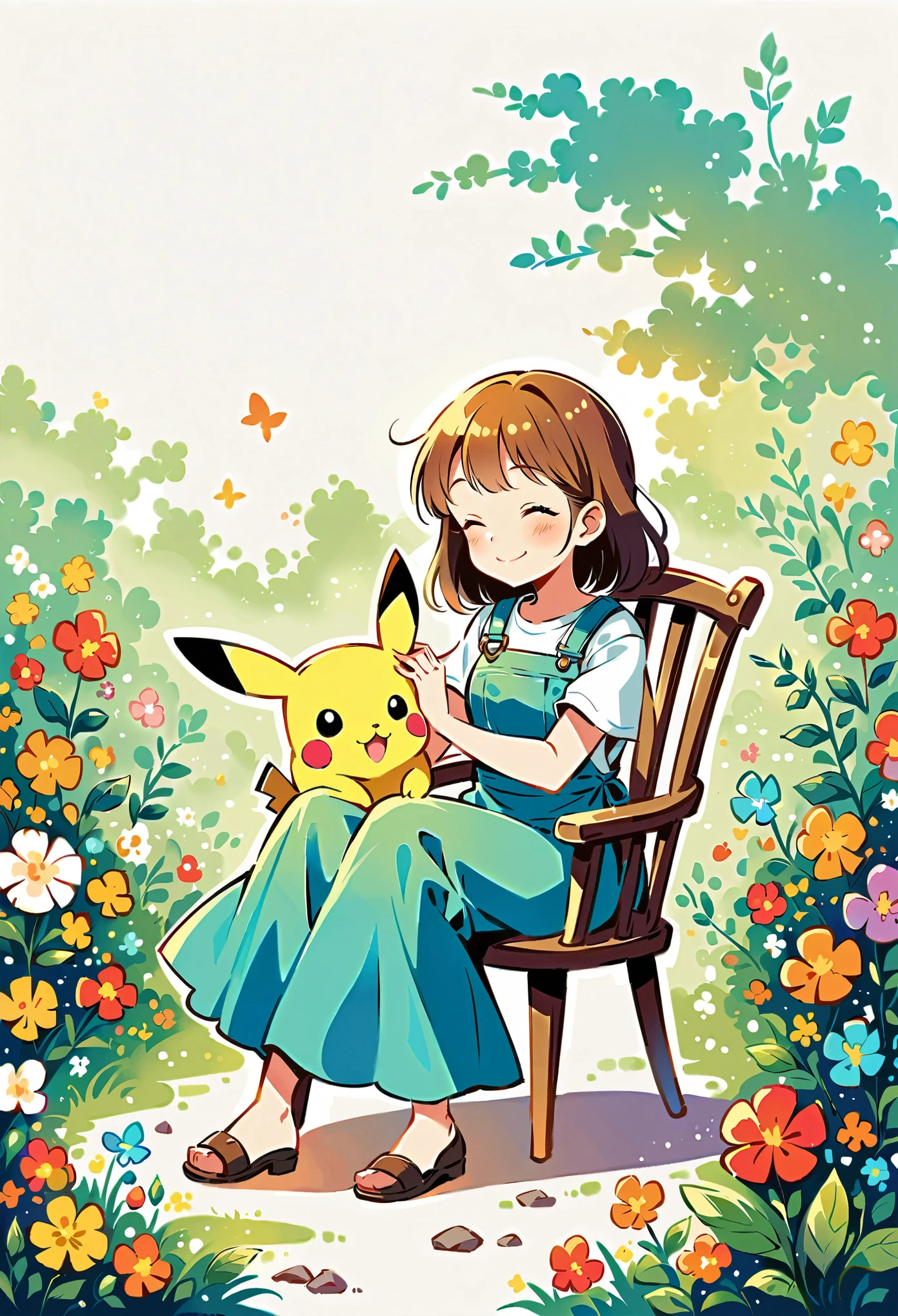 Draw a delightful illustration of Pikachu relaxing in a garden chair. Pikachu should be surrounded by blooming flowers and greenery, sitting comfortably with a smile. Include details like a watering can, garden tools, and butterflies flying around. The overall vibe should be fresh and lively.