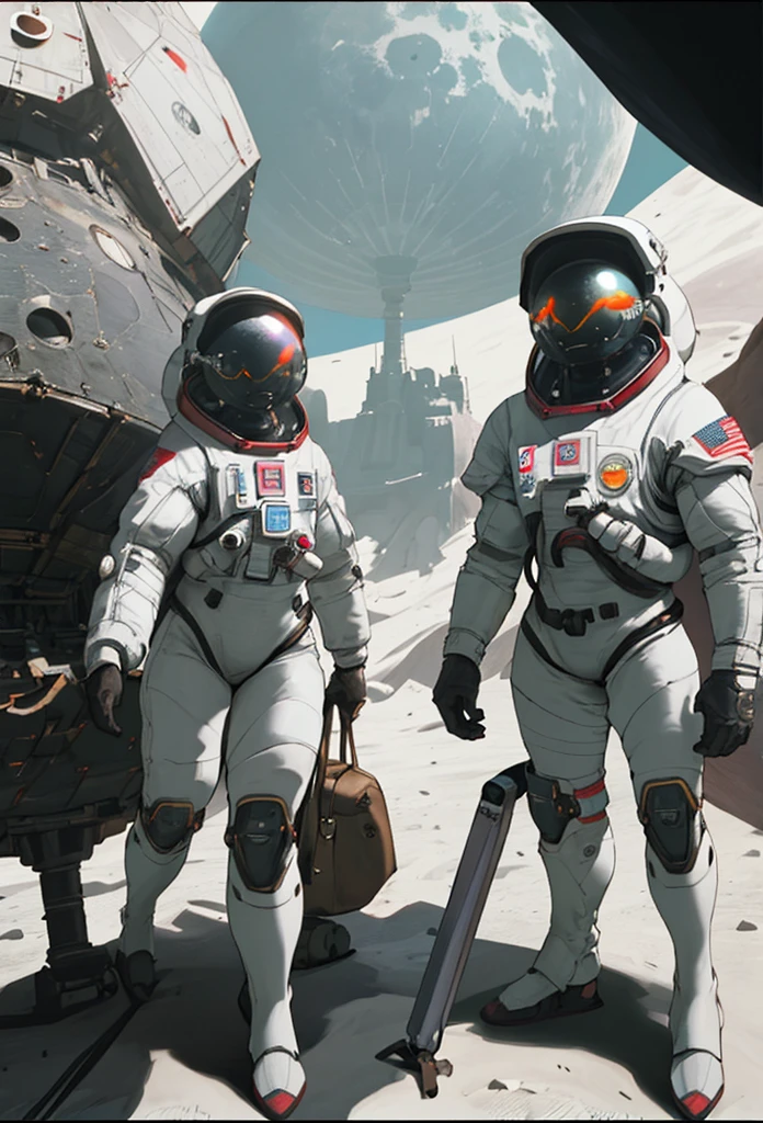 Peoples on moon, spaceship in background