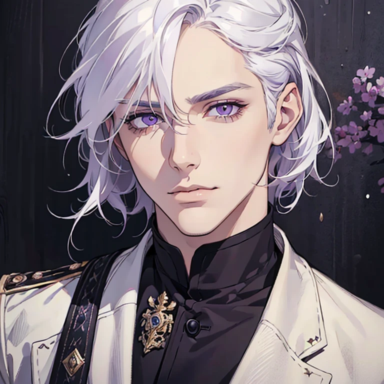 "(best quality,ultra-detailed,realistic:1.37),Medium,portrait,purple eyes,white hair,Man with medium hair,Fine painting style,Detailed facial features,attractive male appearance"