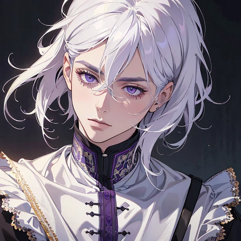 "(best quality,ultra-detailed,realistic:1.37),Medium,portrait,purple eyes,white hair,Man with medium hair,Fine painting style,Detailed facial features,attractive male appearance"