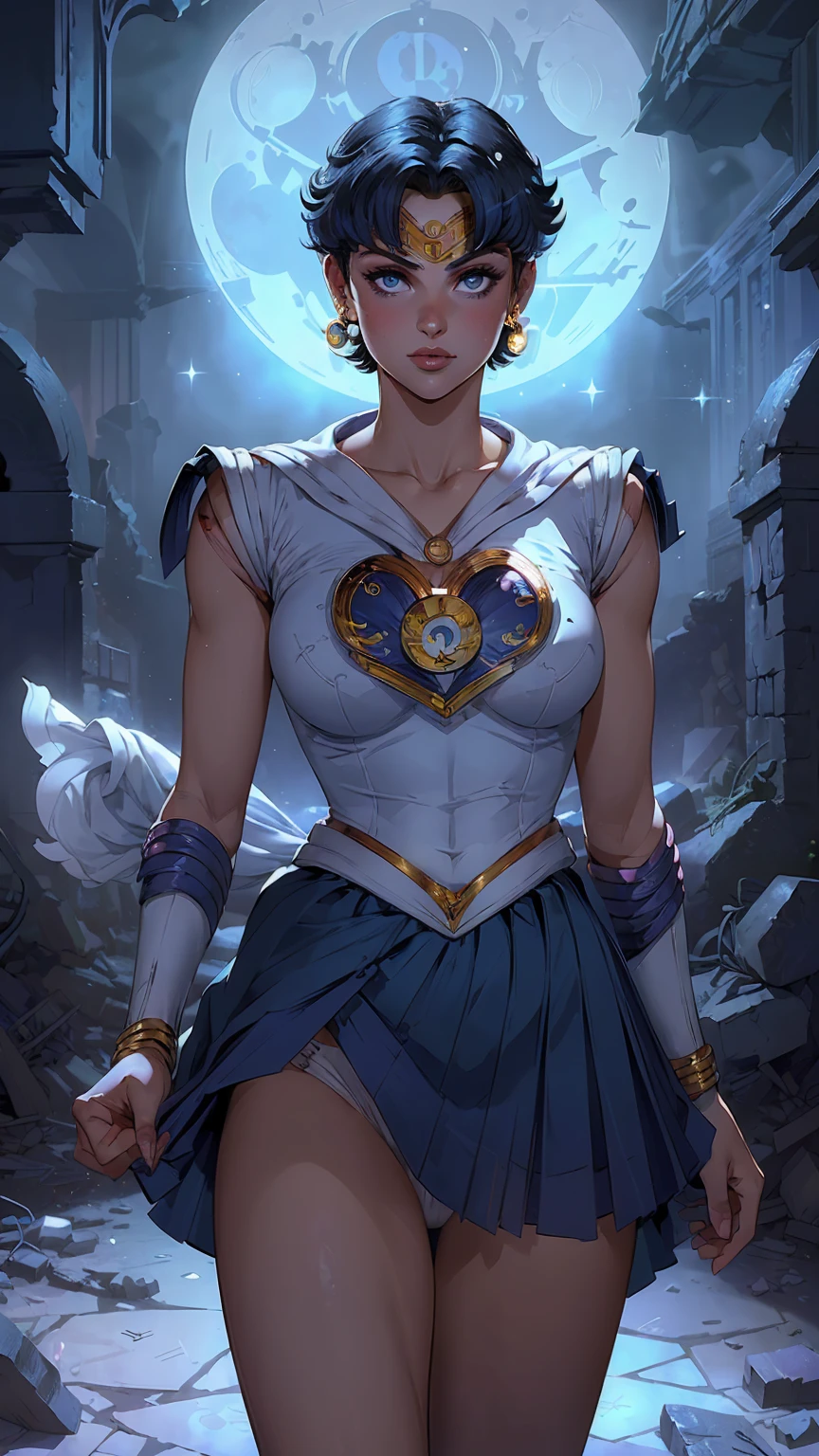 (La Best Quality,A high resolution,Ultra - detailed,actual),Selena Gomez in sailor moon mercury, ,(Ruined dungeon ruins background:1.4 ). ( SPARKLE; Glitter, (skirt lifted by itself: 1.1), (skirt lift: 1.3), (showing white panties: 1.3), More detailed 8K.unreal engine:1.4,UHD,La Best Quality:1.4, photorealistic:1.4, skin texture:1.4, masterpiece:1.8,first work, Best Quality,object object], (detailed face features:1.3),(The correct proportions),(Beautiful blue eyes),  (cowboy pose), ,(Ruined dungeon ruins background:1.4 ), (skirt lifted by itself: 1.1), (skirt lift: 1.3), (showing white panties: 1.3),( cinematic lighting :1.4), (bright colors), (Selena Gomez :1.4),( Selena Gomez V2.1), (perfect fingers :1.4), (perfect anatomy :1.4),( sailor moon mercury :1.4), (sailor moon mercurio V2.1), (ojos detailed), (luna grande brillante:1.4) 