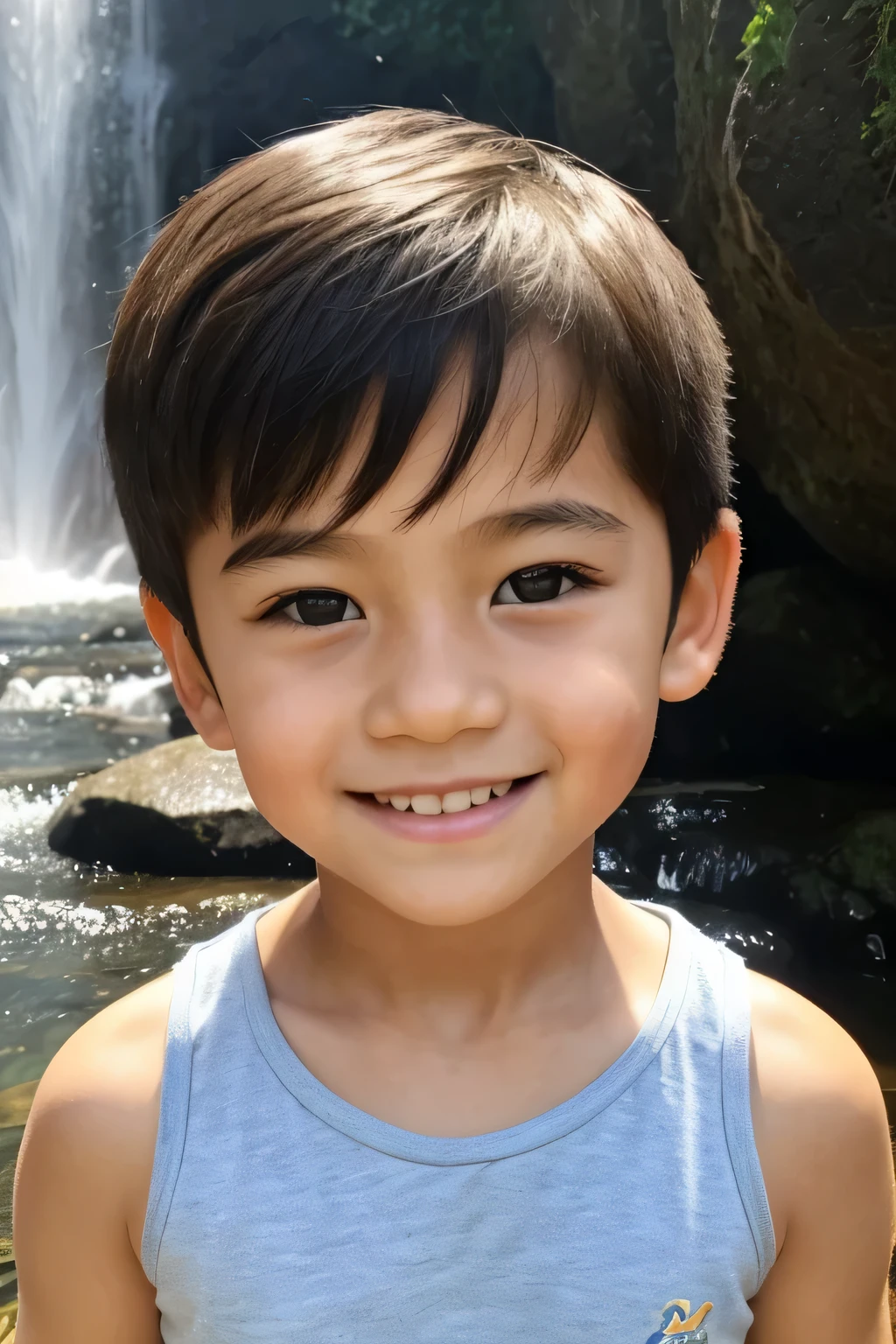 here is a  short haired Arafed little boy w tank-top, a little smile, looking at viewer, Cute boy, half body portrait shot, Happy kids, Young boy, joyful expressions, medium portrait soft light, kid a, young cute asian face, real child body lines, in a waterfall, with crystal clear waters, dew sun, cute and perfect body lines, sunshine, the sunlight casting a subtle glow on his face, emphasizing his features and creating a dynamic visual. good lighted photo, portrait soft light, Make a Disney avatar feel