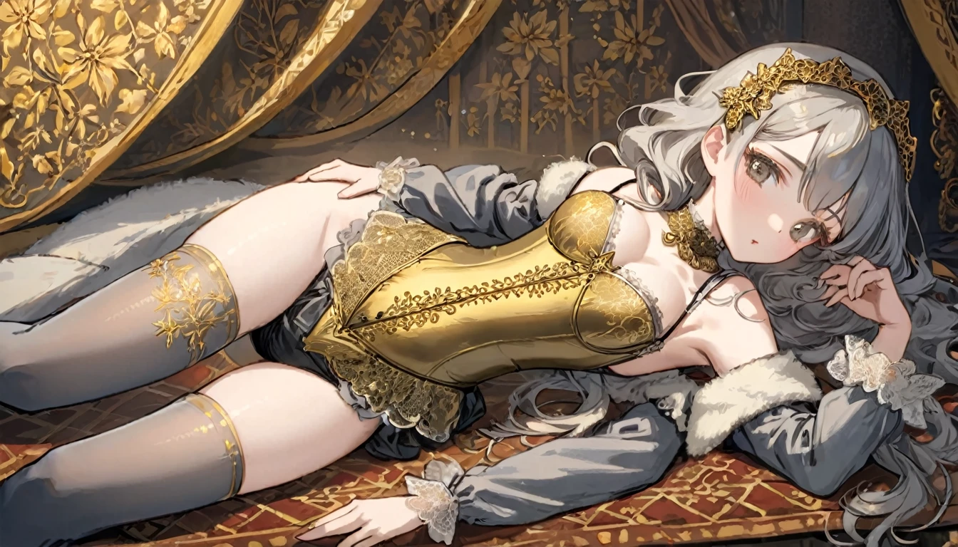Medieval１People Girls、 Gold and silver embroidery、In underwear、Knee-length semi-transparent bloomers（With gold and silver lace）Wearing、Wearing a semi-transparent corset、 Grey translucent tights、Lying down