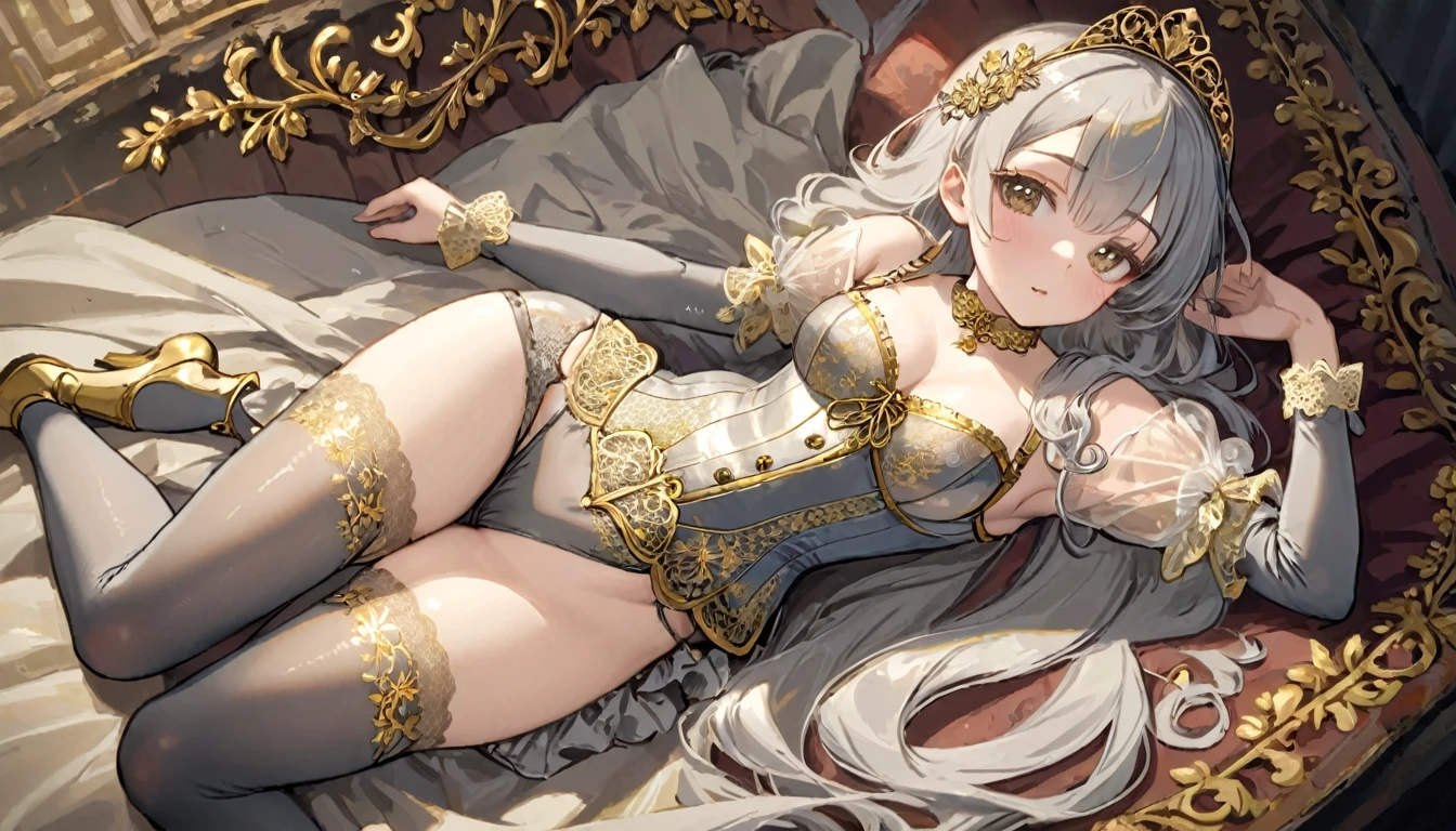 Medieval１People Girls、 Gold and silver embroidery、In underwear、Knee-length semi-transparent bloomers（With gold and silver lace）Wearing、Wearing a semi-transparent corset、 Grey translucent tights、Lying down