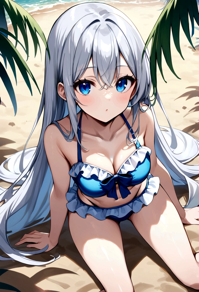 Gray Hair、Long Hair、Bright Blue Eyes、On top of that、Ruffled swimsuit、Beach