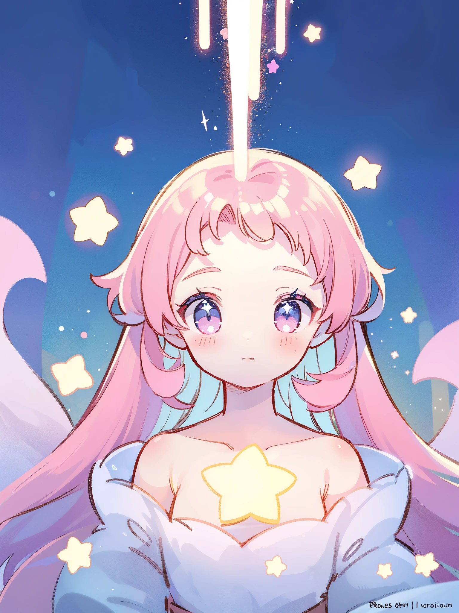 complex background, wishing star background, magical girl wearing an ethereal mystical pink translucent dress that reflects the stars, close up, sparkling detailed eyes, golden ratio face, perfect composition, perfume promo art, mystic, complex drawing, highly detailed, Covergirl brand, promo art, artistic rendition, ethereal, starry night, midjourney style