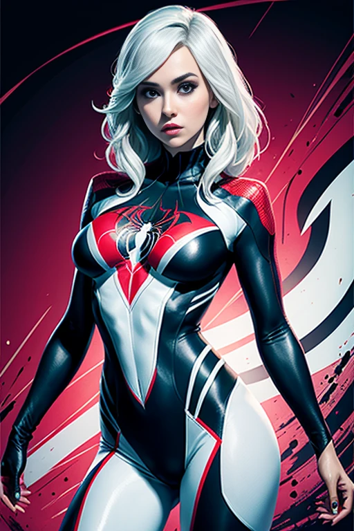 spider gwen, Hot, partial , hightquality, Dynamic Poses, Beautiful, Gorgeous, In love,Short suit, spider in a suit, white black red suit、Eliza Dushku