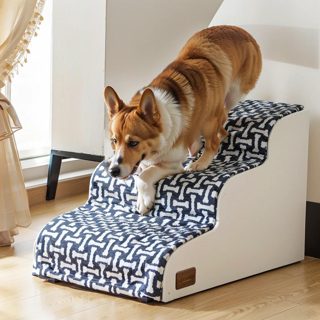 There is a dog standing on the pet stairs, Corgi, Designed for comfort and aesthetics!, ,Japanese interior decoration style,The sun shines in,Natural light and shadow,High-end,A warm background