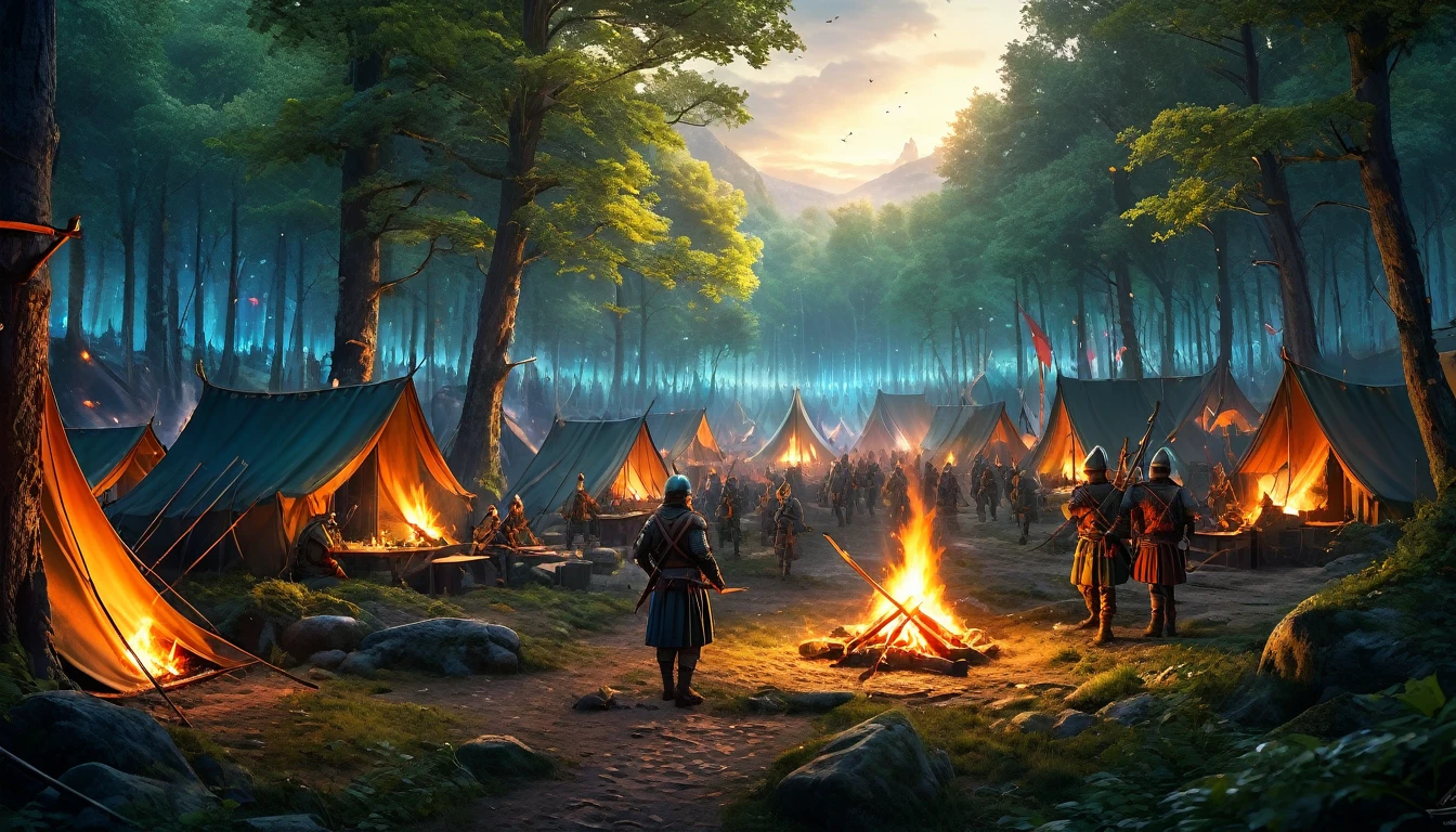 (anime, fantasy), (best quality, high resolution, depth of filed, HDR:1.2), (an army camp in the ancient forest preparing for a siege, medieval, camp, soldiers, swords and bows, campfire), fantastical landscapes, vibrant colors, majestic, dark enchanted, dangerous atmosphere, beautiful, extremely detailed, intricate, delicate, serene fantasy, light filtering through the trees, bokeh, cinematic lighting, 8k, high quality