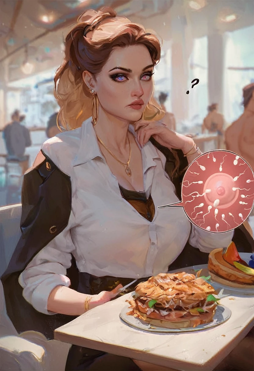 masterpiece), best quality, score_9, score_8_up, score_7_up, score_6_up, score_5_up, score_4_up expressive eyes, 1girl, sexy lady, (((lady sitting at a table looking confused on why there is sperm on her face))), (((lady was trying to enjoy her food))), (((man penis is out leaking with cum after the man jerked it off))) cum on face, (((people watching in the background)), background, store, pov, ((((NO SPERM CELLS GOING INTO THE EGG)))),