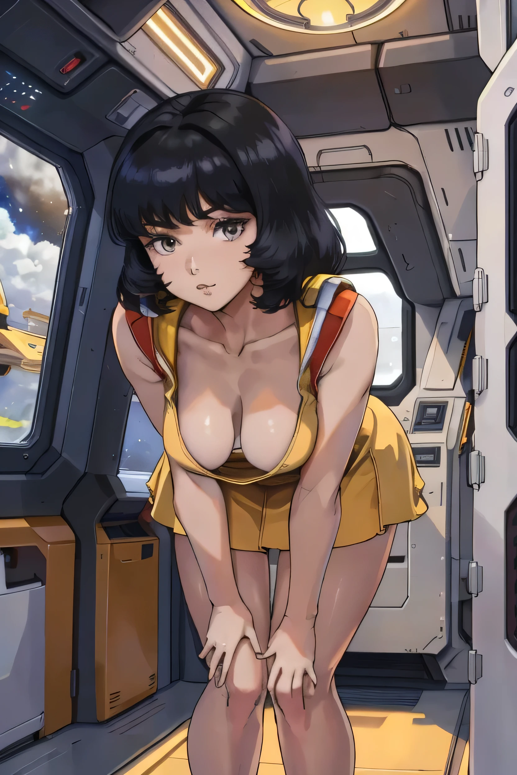 8K,(masterpiece:1.4)(Highest quality:1.4),(Highest quality), One girl,Faily,Black Hair, Iris, Yellow Dress,  uniform, Inside the spaceship, Milky Way, window ,indoor,  Are standing,  View your viewers,  Focus Only,(Shiny skin),Steaming body ,Cleavage、(Clothes with a wide open chest)、underwear、Leaning forward,skirt, 