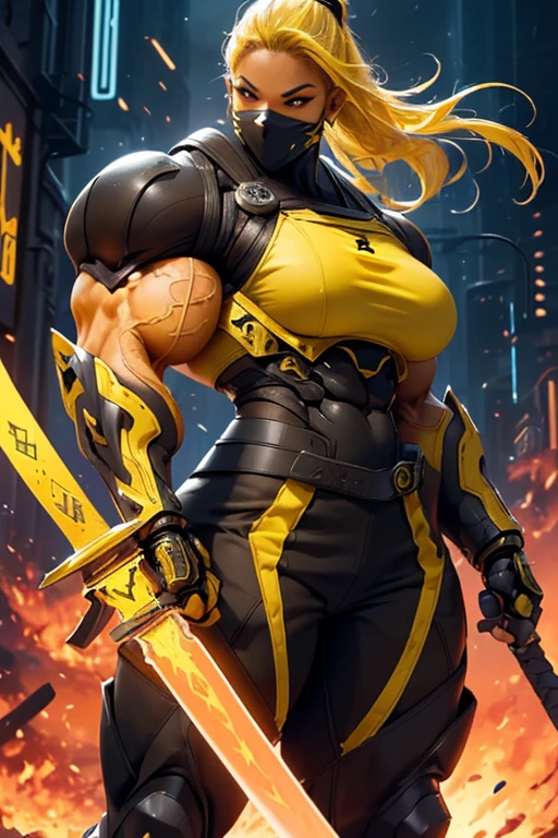 ((((Massive, beautiful, buff, muscular light brown skinned female ninja with yellow hair, black lipstick, ginormous bulky muscles, holding a yellow fire sword and wearing a yellow cybernetic ninja armor with pants)))), {close view}, black eyeliner, massive muscles, large breast, massive biceps, hyper muscle triceps, (long flowing hair), gray eyes, mask, ninja boots, In a futuristic city, steel ninja armor, nighttime, closed smile, hyper muscles arms, hyper muscle legs, ginormous arms