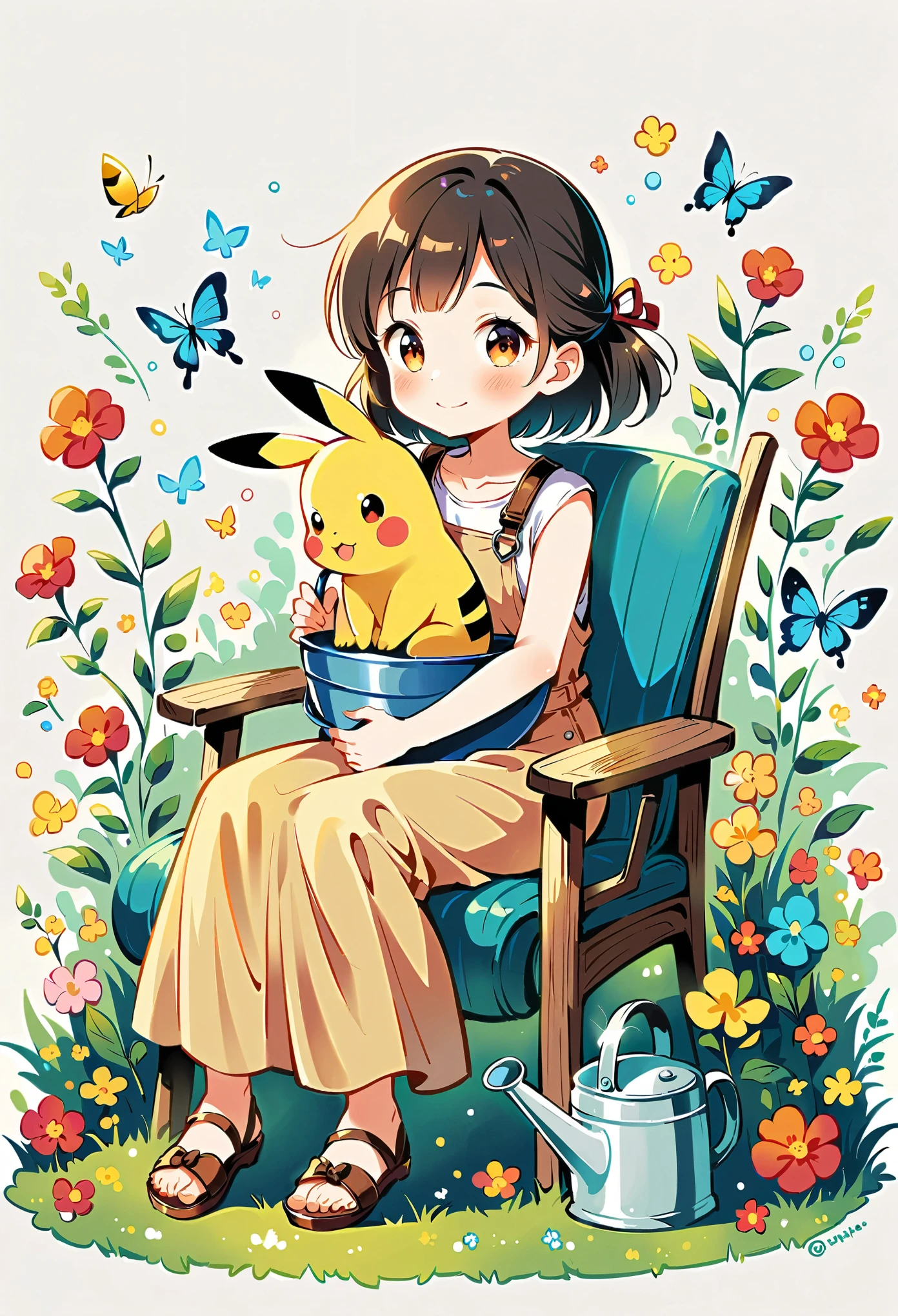 Draw a delightful illustration of Pikachu relaxing in a garden chair. Pikachu should be surrounded by blooming flowers and greenery, sitting comfortably with a smile. Include details like a watering can, garden tools, and butterflies flying around. The overall vibe should be fresh and lively.