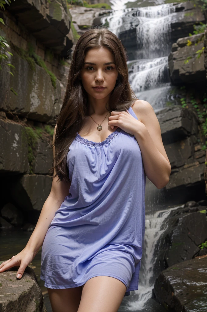 1girl in, 30 years old, Square face, Long hair, Looking at viewer, jewelry, Reality, Sexy, Nightgown colorful outfit, Waterfall backdrop , free pose