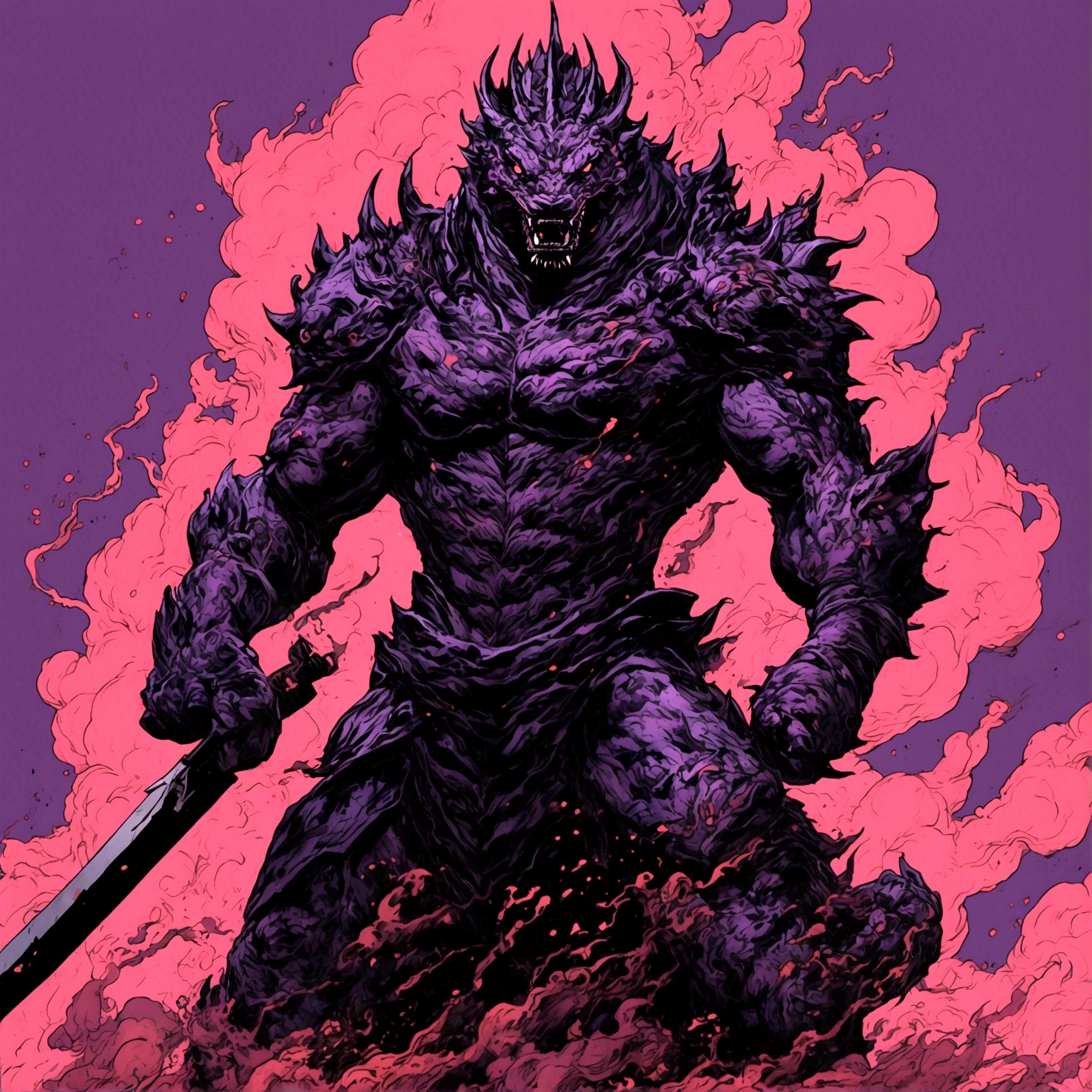 Man, armor inspired by shin gojira, Slim, combat pose, purple background with black smoke, manhwa style, red details and blood