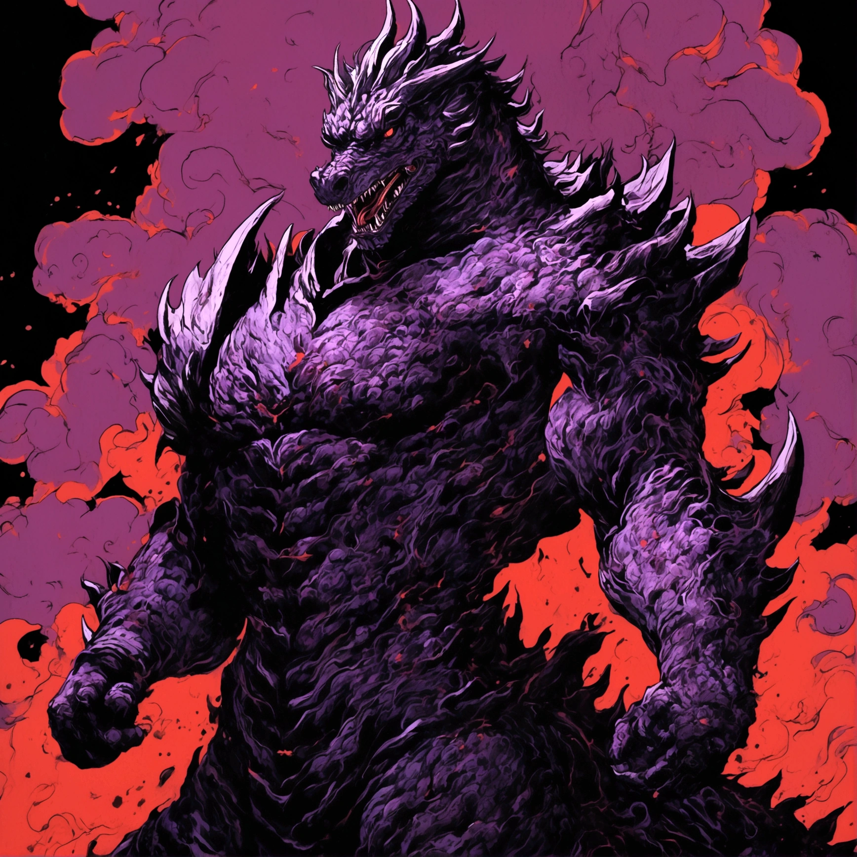 Man, armor inspired by shin gojira, Slim, combat pose, purple background with black smoke, manhwa style, red details and blood