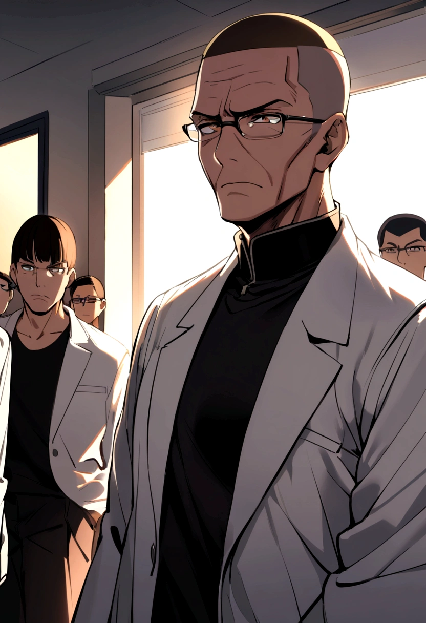 60 year old man with crew cut, brown eyes, black glasses, black high collar long sleeve shirt, white jacket, at school