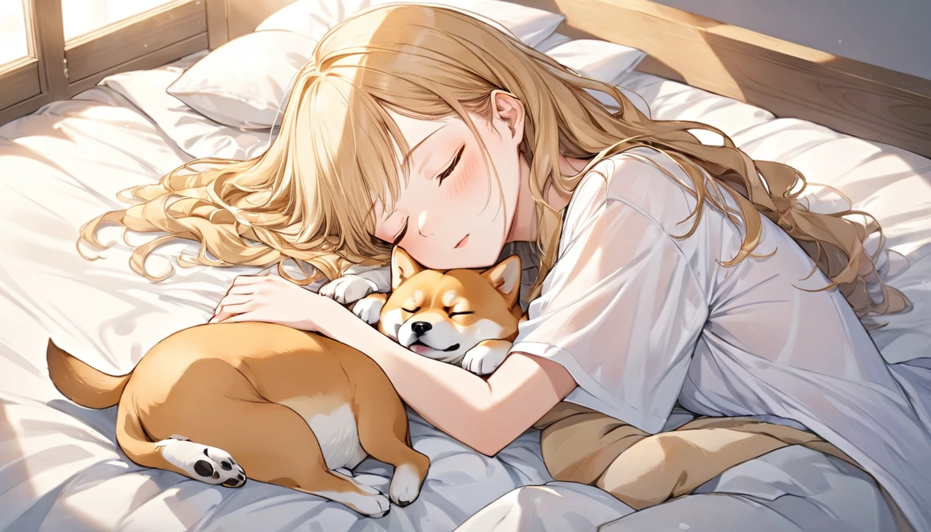 Japanese animation style、I will create a digital illustration of an adult elf woman sleeping face down in a large bed、She is wearing a rather large shirt.、Relaxed facial expression、Long, loosely wavy blonde hair、Sleeping with her pet Shiba Inu、The Shiba Inu must be curled up and asleep on her.、The soft morning light shines in、Calm atmosphere、Detailed and clear drawing、Warm and gentle colors、Drawing from a top-down perspective