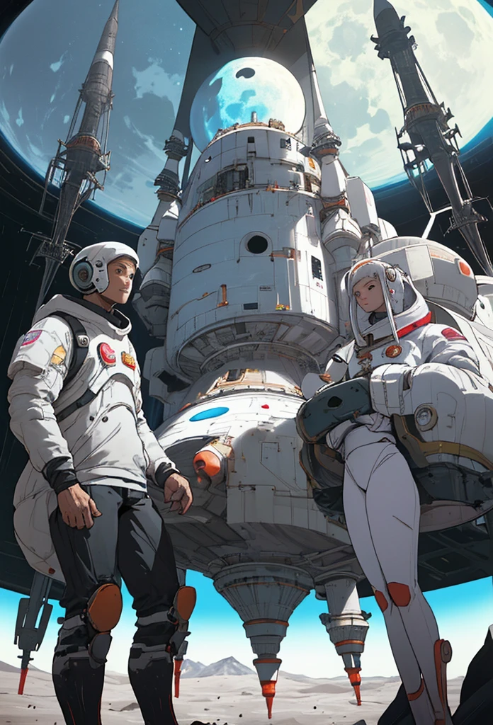 Peoples on moon, spaceship in background