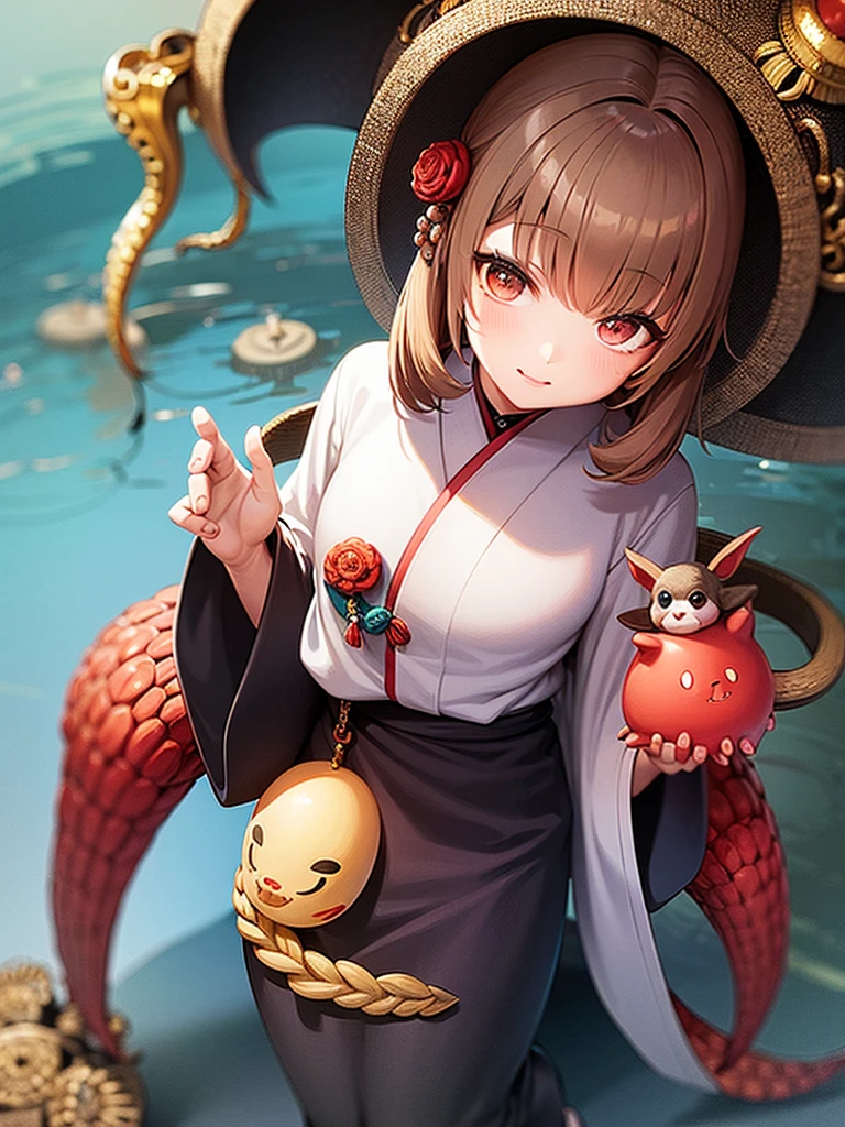 A boy and animals, the boy is wearing a demon mask, she is wearing a Japanese-style uniform, next to her is an octopus that is a divine messenger, it has character, anime-style illustration