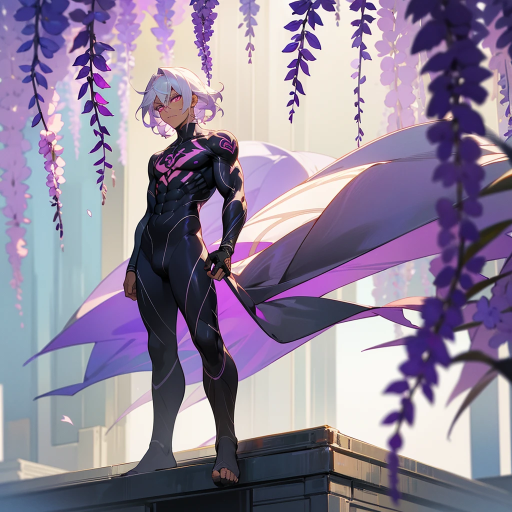 1male, young adult, dark skin, finely detailed plum eyes, wild medium hair, seashell white hair color, full body combat suit, standing on building, day time, tokyo streets, somber expression, muscular, tattoos, wisteria flowers, scars