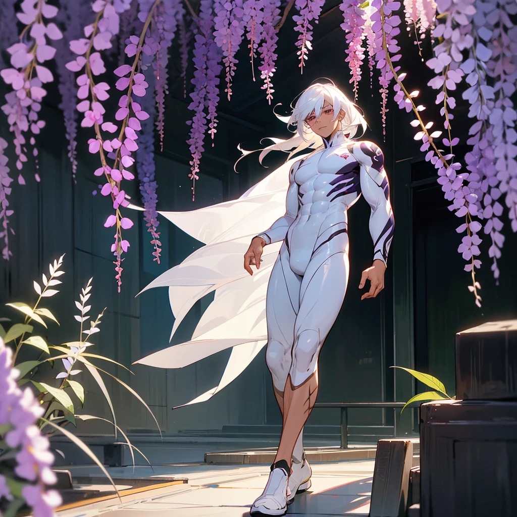 1male, young adult, dark skin, finely detailed plum eyes, wild medium hair, seashell white hair color, full body combat suit, standing on building, day time, tokyo streets, somber expression, muscular, tattoos, wisteria flowers, scars