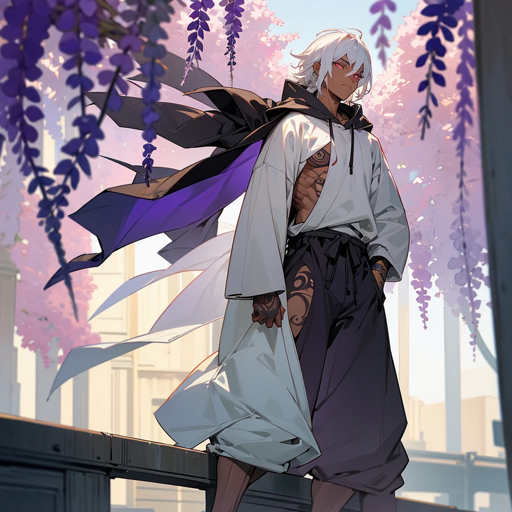 1male, young adult, dark skin, finely detailed plum eyes, wild medium hair, seashell white hair color, oversized hoodie, baggy pants, standing on building, day time, tokyo streets, somber expression, muscular, tattoos, wisteria flowers, scars