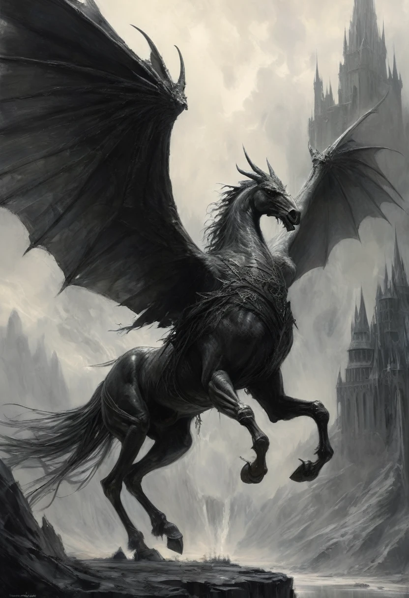 stunning black and white graphite sketch of The Witch-king's winged steed was a gigantic, flying Nazgûl-bird which the Witch-king of Angmar rode during the War of the Ring in Middle-earth, panoramic shot, from The Lord Of The Rings trilogy, in dynamic pose, by Anna Razumovskay, (by Alyssa Monks:1.1), by Joseph Lorusso, by Lilia Alvarado, beautiful lighting, sharp focus, 8k, high res, (pores:0.1), (sweaty:0.8), Masterpiece, Nikon Z9, Award - winning photograph, --ar 16:9 --style raw --stylize 750 --niji 6, perfect composition, beautiful detailed intricate insanely detailed octane render trending on artstation, 8 k artistic photography, photorealistic concept art, soft natural volumetric cinematic perfect, wide angle view 